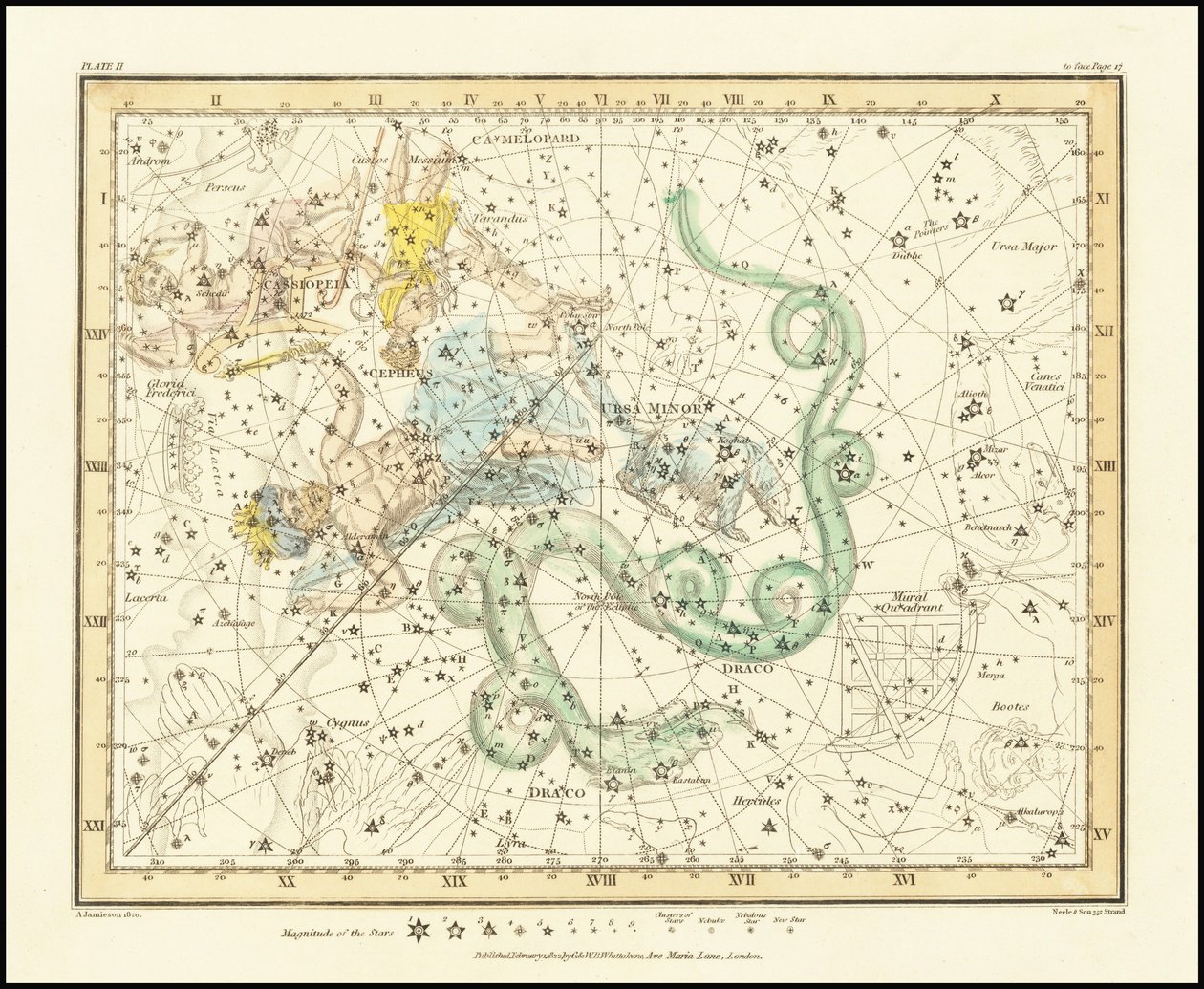 1822 - Alexander Jamieson - Ursa Minor - Kis Medve a Cassiopeia, Draco és Cepheus csillagképeket is mutatja. alkotó: Alexander Jamieson