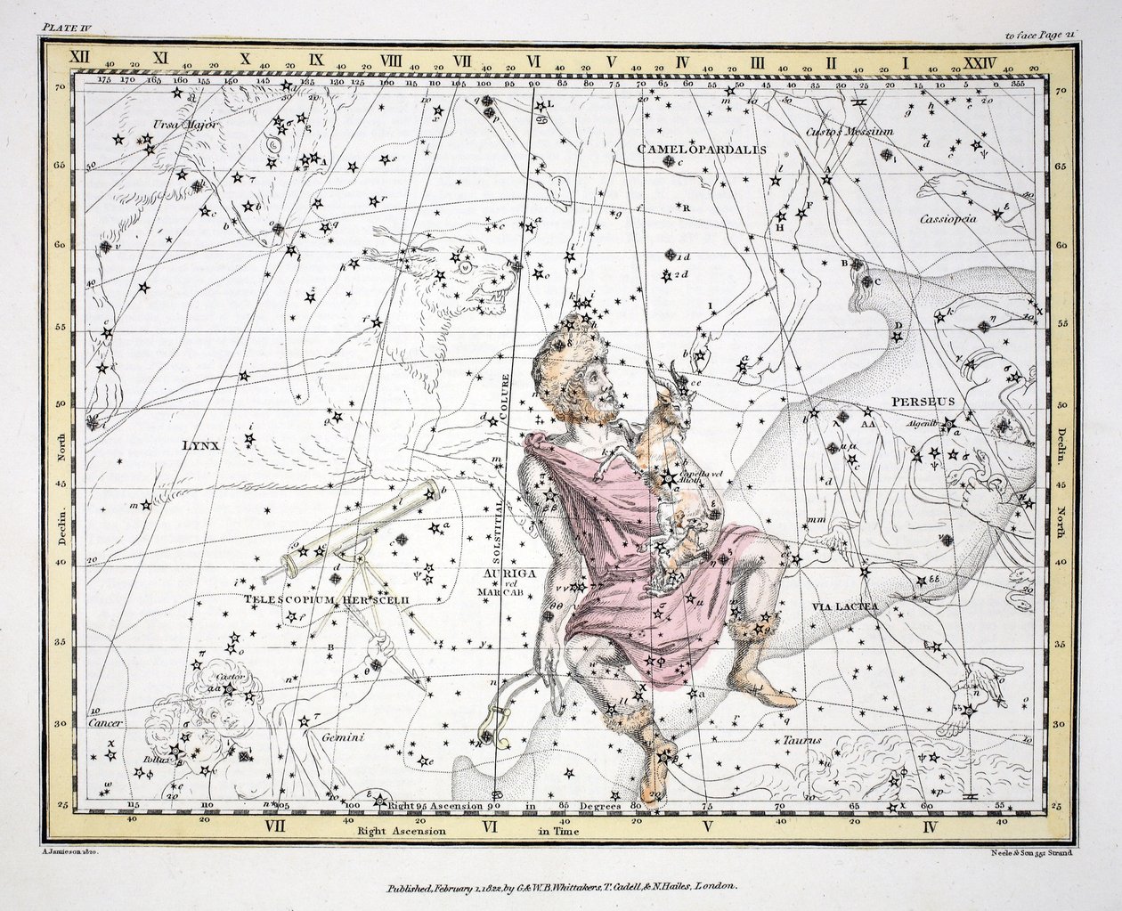 A csillagképek (IV. tábla) Auriga, Camelopaardalis, Telescopium Herschelli, Alexander Jamieson „Egy égi atlasza” című művéből, pub. London 1822 (kézzel színezett metszet) alkotó: Alexander Jamieson