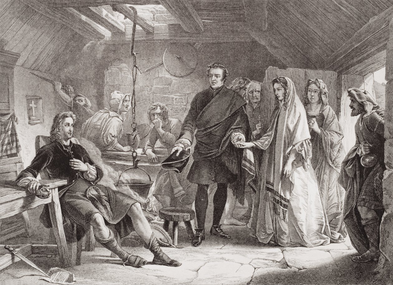 Károly herceg és Flora Macdonald első találkozása Dél-Uist szigetén, 1747, „Az angol és skót történelem illusztrációi” II. alkotó: Alexander Johnston