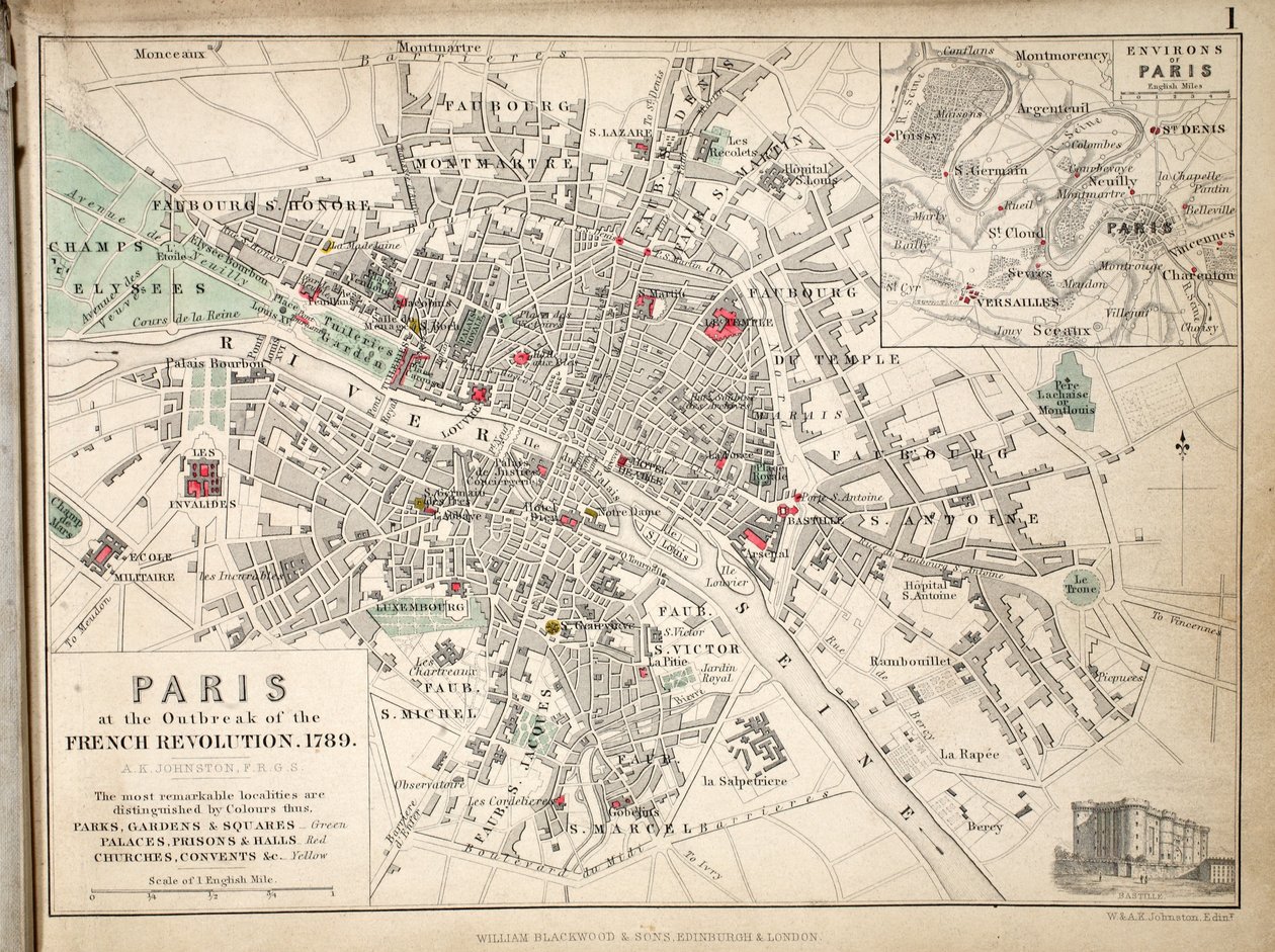 Párizs térképe a francia forradalom kitörésekor, 1789, kiadó: William Blackwood and Sons, Edinburgh és London, 1848 (kézzel színezett metszet). alkotó: Alexander Keith Johnston