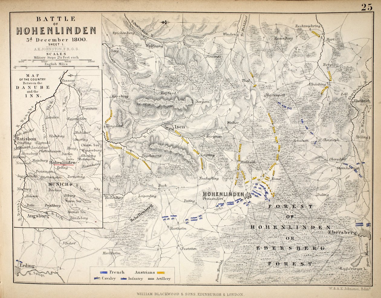 A Hohenlinden-i csata térképe, kiadó: William Blackwood and Sons, Edinburgh és London, 1848 (kézzel színezett metszet) alkotó: Alexander Keith Johnston