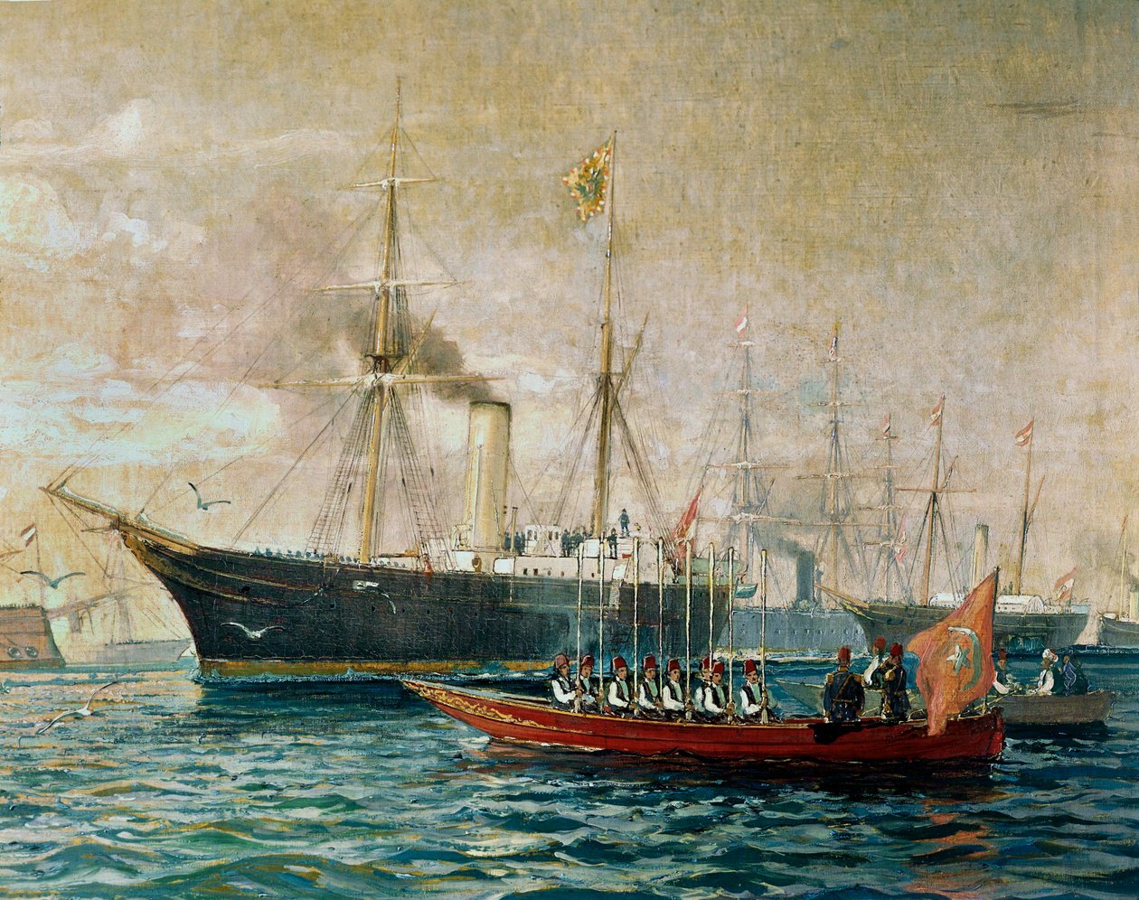 I. Ferenc József császár érkezése a HMS Greif fedélzetén Port Saidba, a Szuezi-csatorna megnyitására ... (festmény, vászon) alkotó: Alexander Kirchner