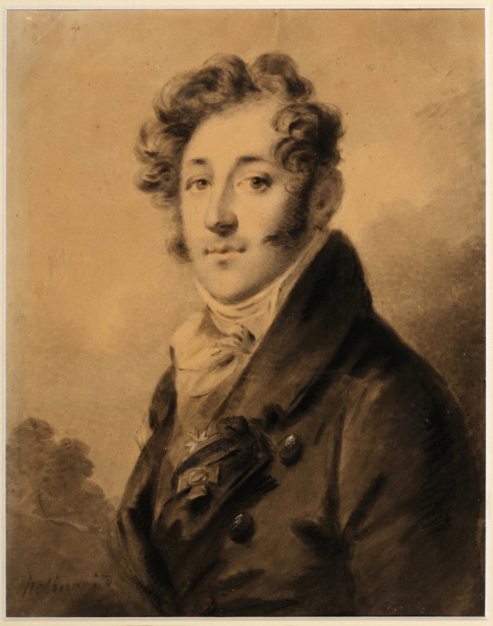 Konsztantyin Jakovlevics Bulgakov (1782-1835) portréja - Alexander (Alexandre) Molinari (1772-1831) munkája, szangvinikus és kréta papíron, 1800 körül, 28x22,3 cm - (Konsztantyin Jakovlevics Bulgakov portréja, szangvinikus, fekete kréta és fehér színű rajt alkotó: Alexander Molinari