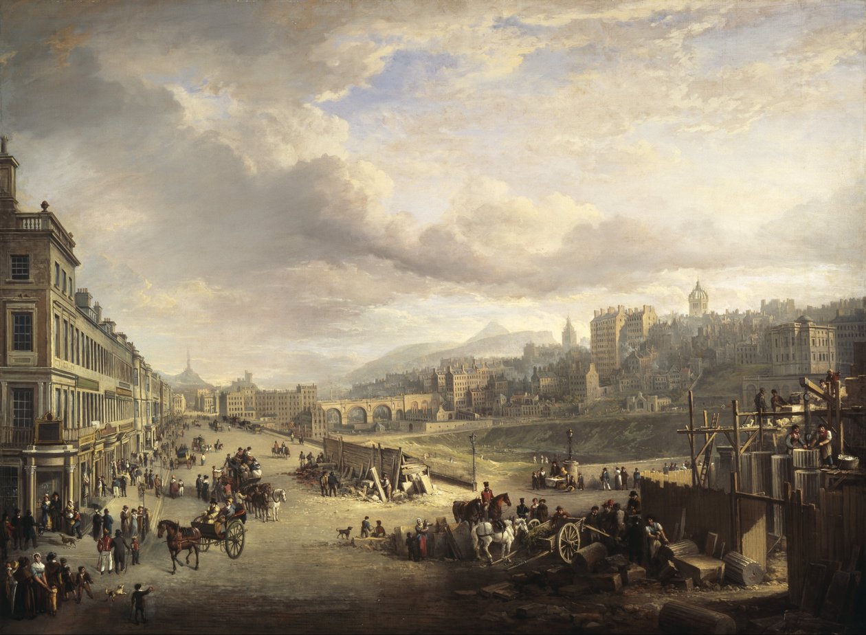 London, Princes Street. Megkezdődik az építkezés a "Royal Institution of Great Britain" későbbi főépületében. alkotó: Alexander Nasmyth