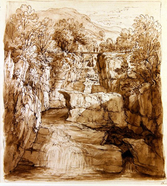 The Bracklinn Falls, Perthshire, 1810 körül (toll és barna tinta, mosással, papír) alkotó: Alexander Nasmyth