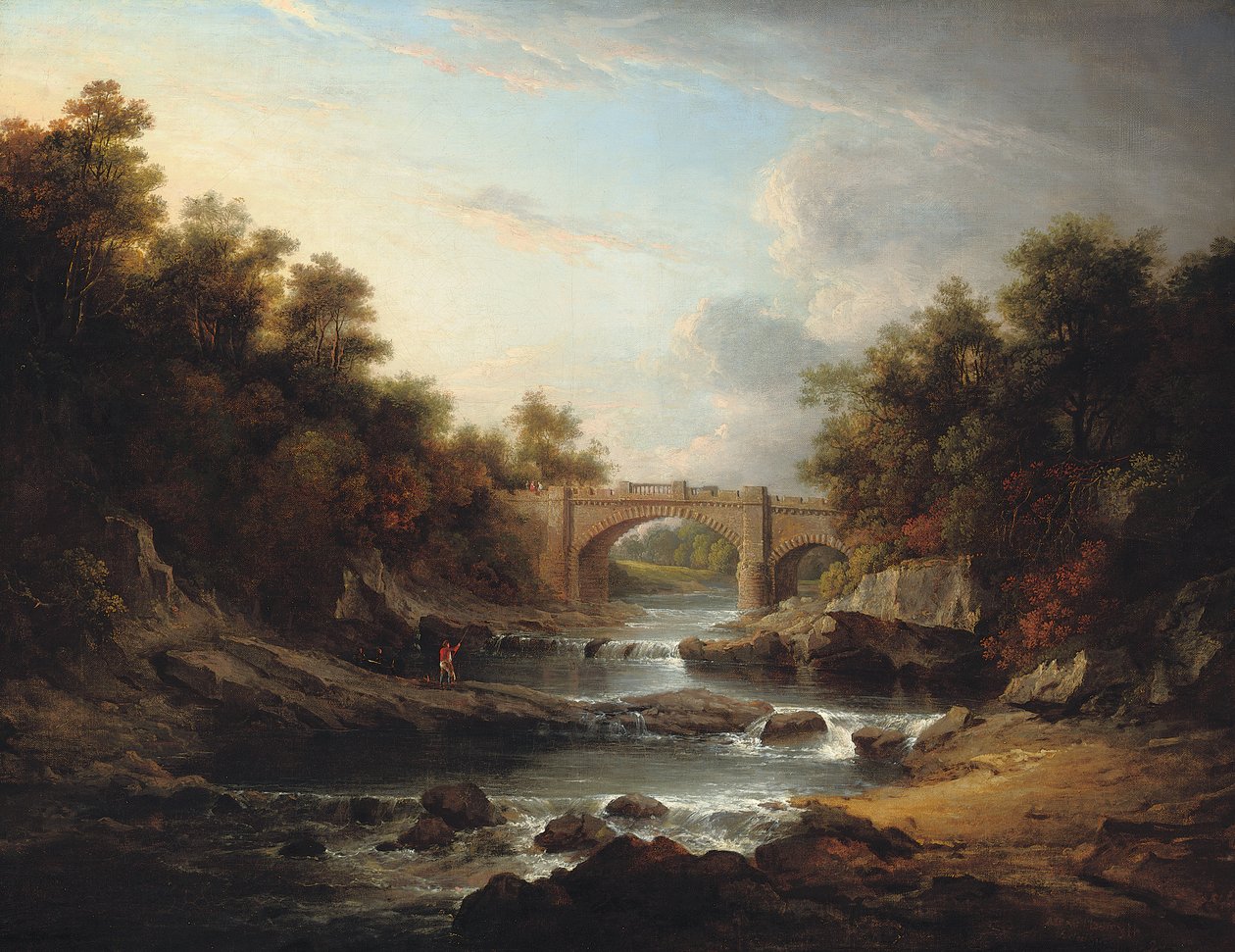Kilátás az Almond folyóra, Edinburgh közelében, Almondell híddal és egy halászsal alkotó: Alexander Nasmyth