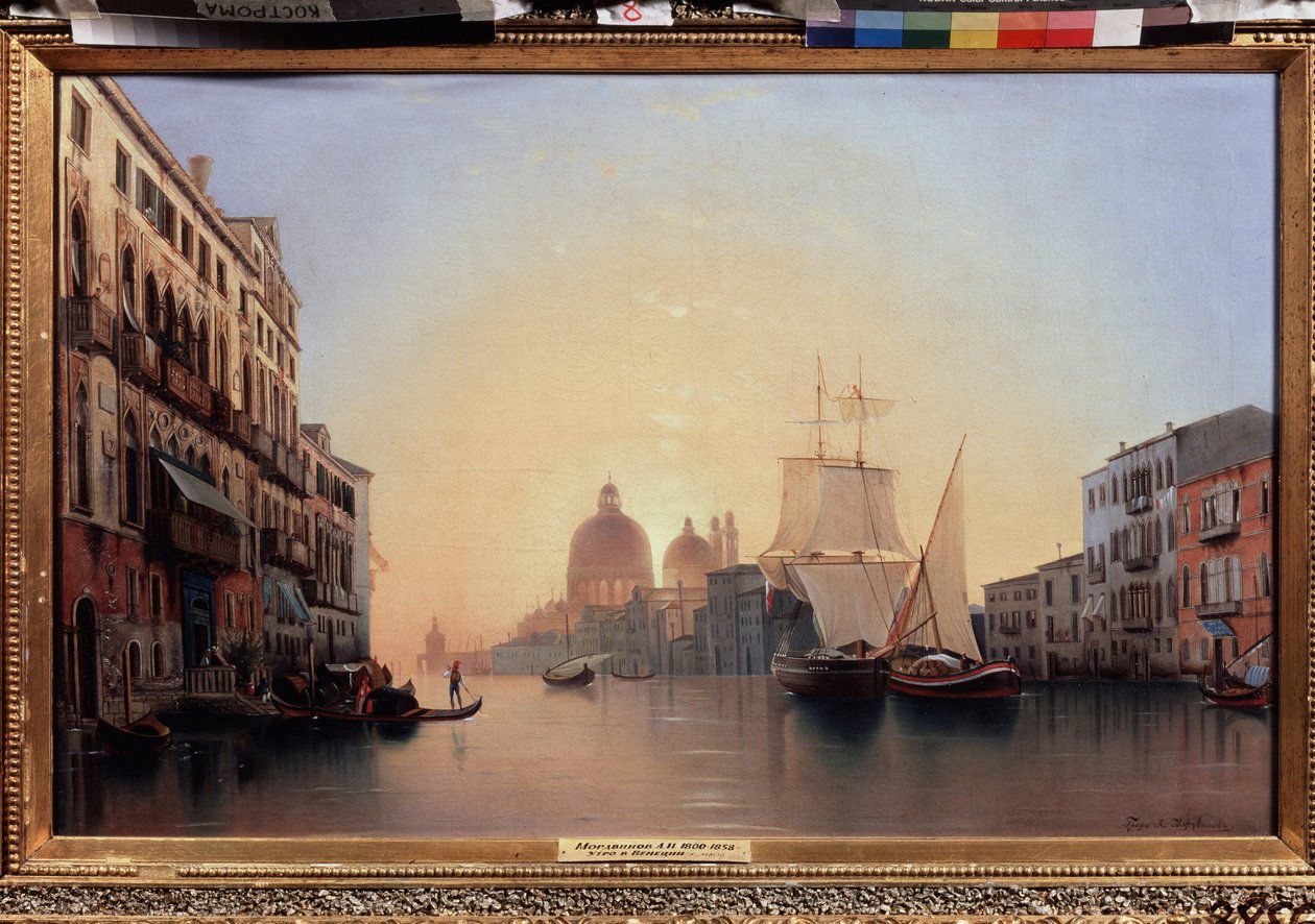 Reggel Velencében (Olaszország) (Reggel Velencében). Vitorlások és gondolák a Canal Grandén a felkelő nappal, a háttérben a Santa Maria Della Salute bazilika. Alekszandr (Alexander) Nyikolajevics Mordvinov (1799-1858) festménye, olaj, vászon alkotó: Alexander Nikolayevich Mordvinov