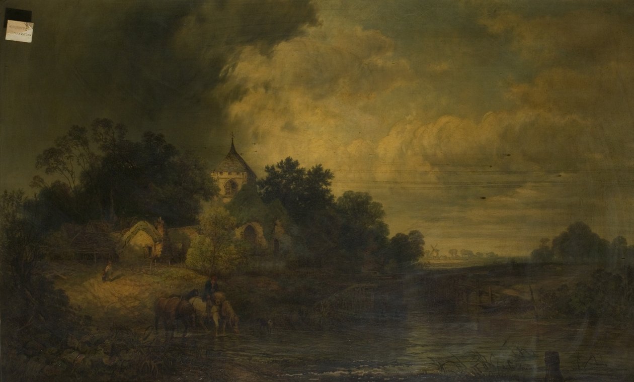 Romantikus táj lovakkal, ivással, 19. század vége alkotó: Alexander Panton