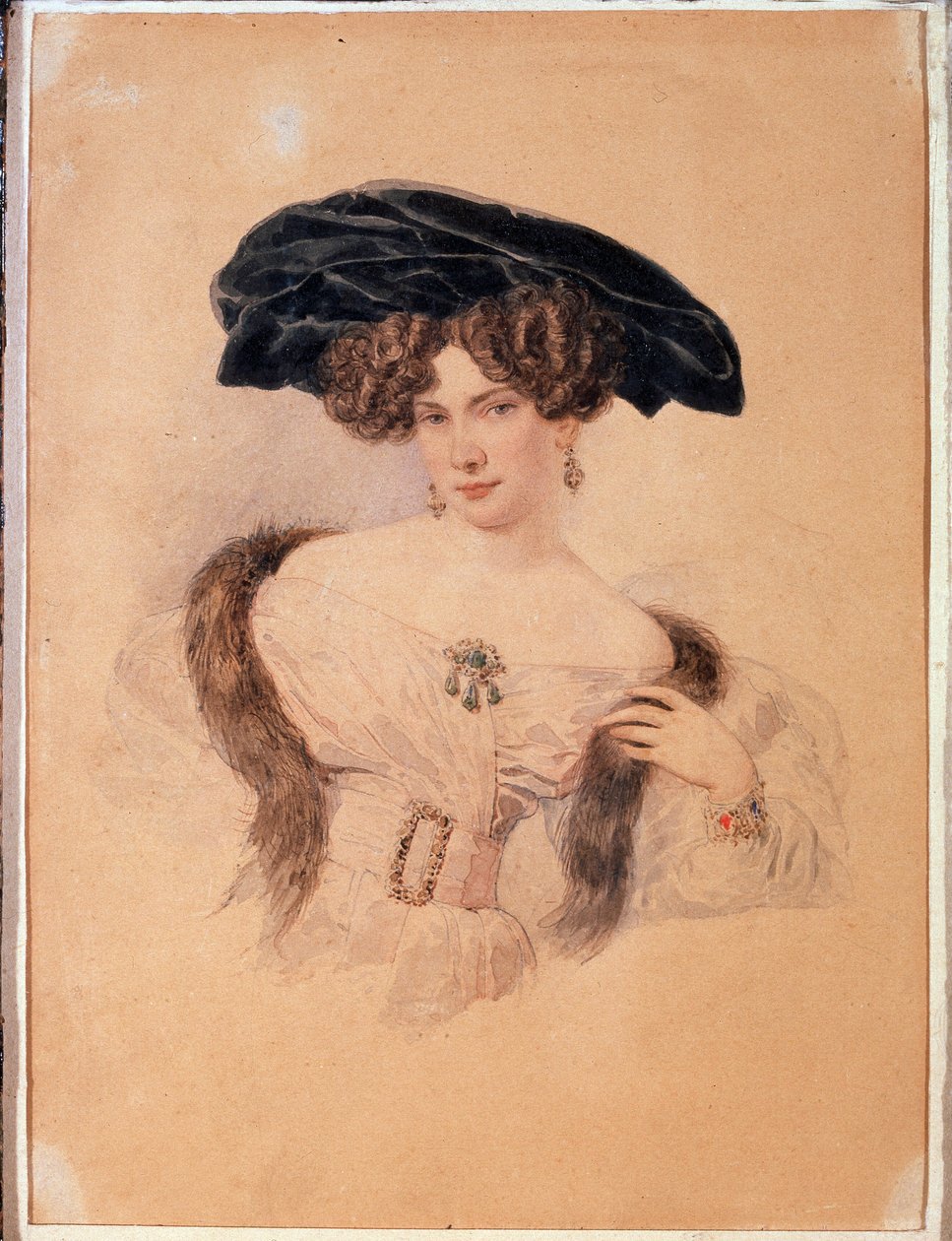 Jevdokija Bakunina (1793-1882) művész portréja fekete barettben (Jevdokija Bakunina művész portréja fekete barettben). Alexander Pavlovich Briullov (Alexander Briullov) (1798-1877) alkotása. Akvarell papíron alkotó: Alexander Pavlovich Briullov