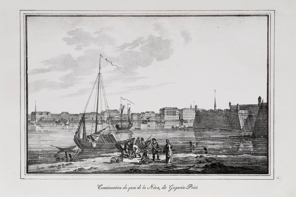 A Petrovszkij rakpart Szentpéterváron, az úgynevezett Gagarinszkij verekedő sorozat Szentpétervári kilátások, 1820-as évek alkotó: Alexander Pluchart