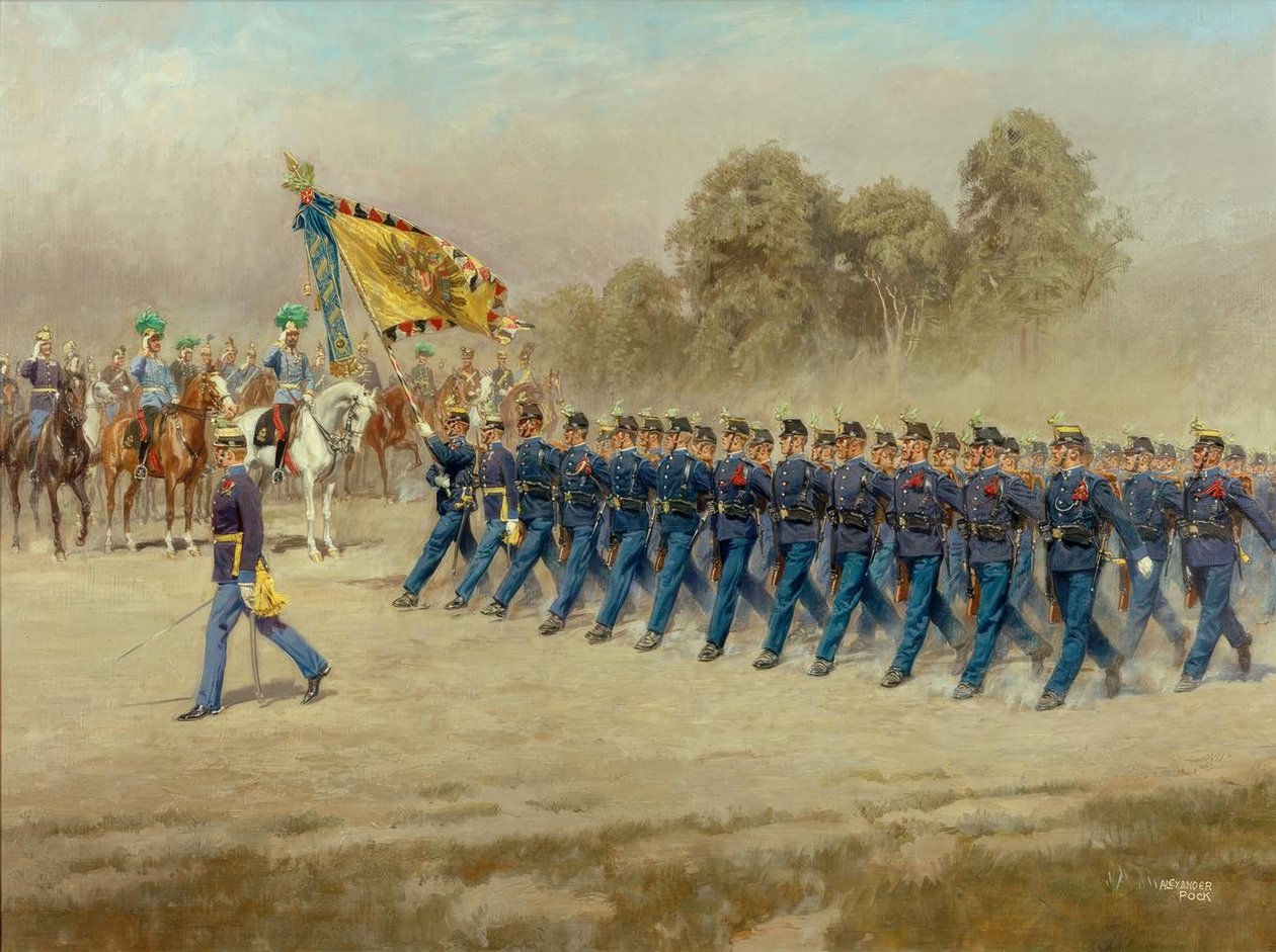 K. u. K. A 4. számú fő- és német mestergyalogezred Eugen főherceg előtt defilizál alkotó: Alexander Pock