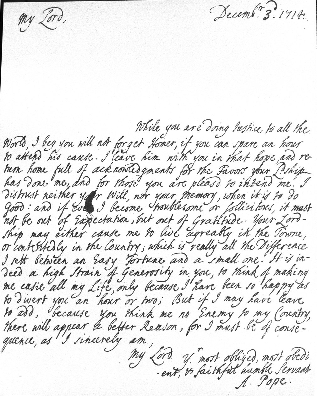 Alexander Pope levele Lord Halifaxnak, amelyben arra kéri őt, hogy ne felejtse el Homer fordítását, amelyet a kiadás előtt Lord Halifaxnak adott, és megköszöni neki a szívességet és a nagylelkűséget, alkotó: Alexander Pope
