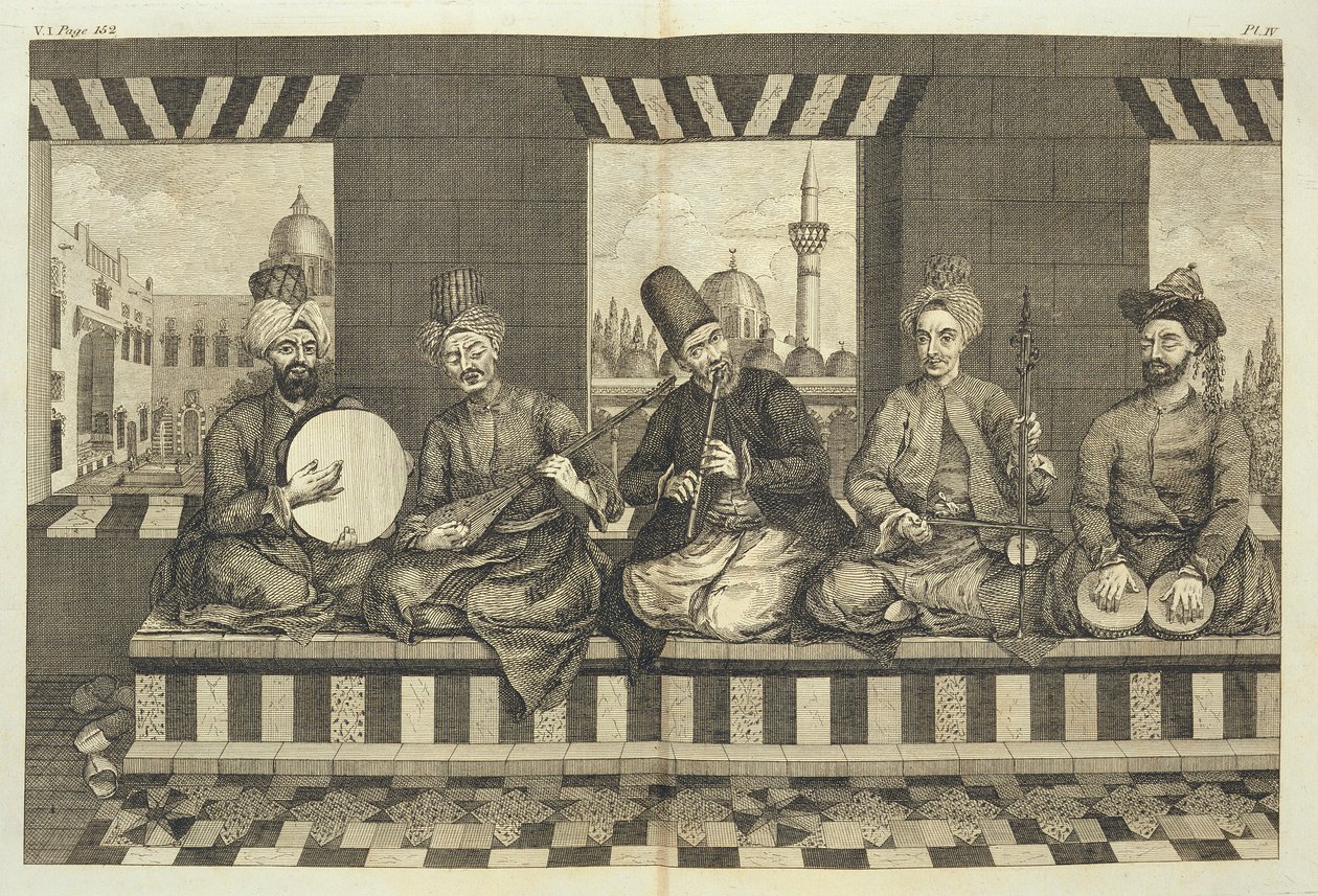 Szíriai zenészek, 4. lemez az „Aleppo természettörténetéből”, pub. Patrick Russell, 1794 alkotó: Alexander Russell