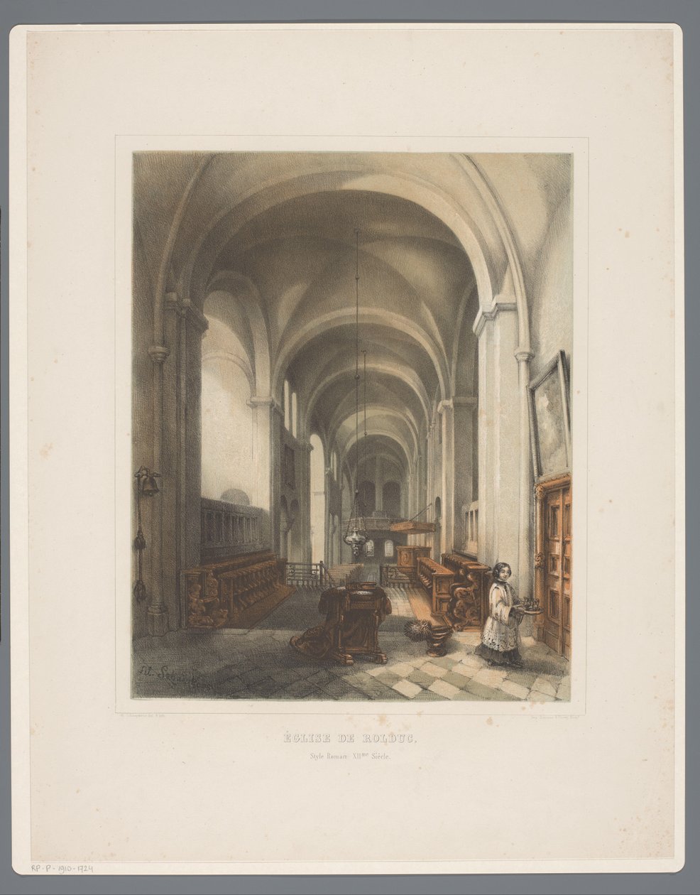 A Rolduc Abbey templom belseje Église de Rolduc, Style Roman XIIme Siècle (cím a tárgyon) Rolduc et ses environs (sorozat címe) alkotó: Alexander Schaepkens