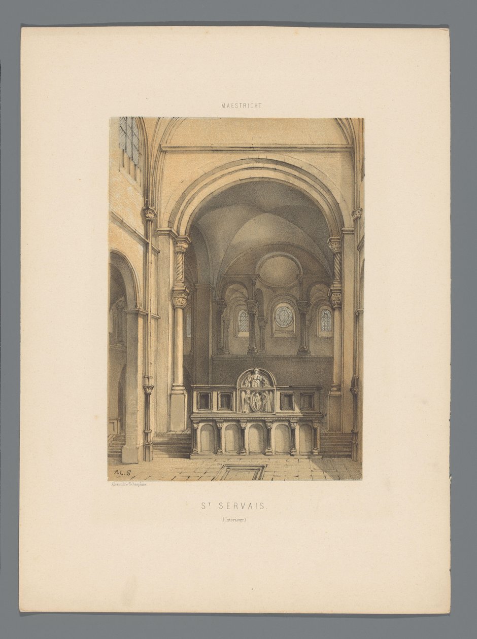 A maastrichti Sint-Servaas-bazilika belseje St. Servais (Intérieur) (cím a tárgyon) Monuments de Maastricht (sorozat címe) alkotó: Alexander Schaepkens