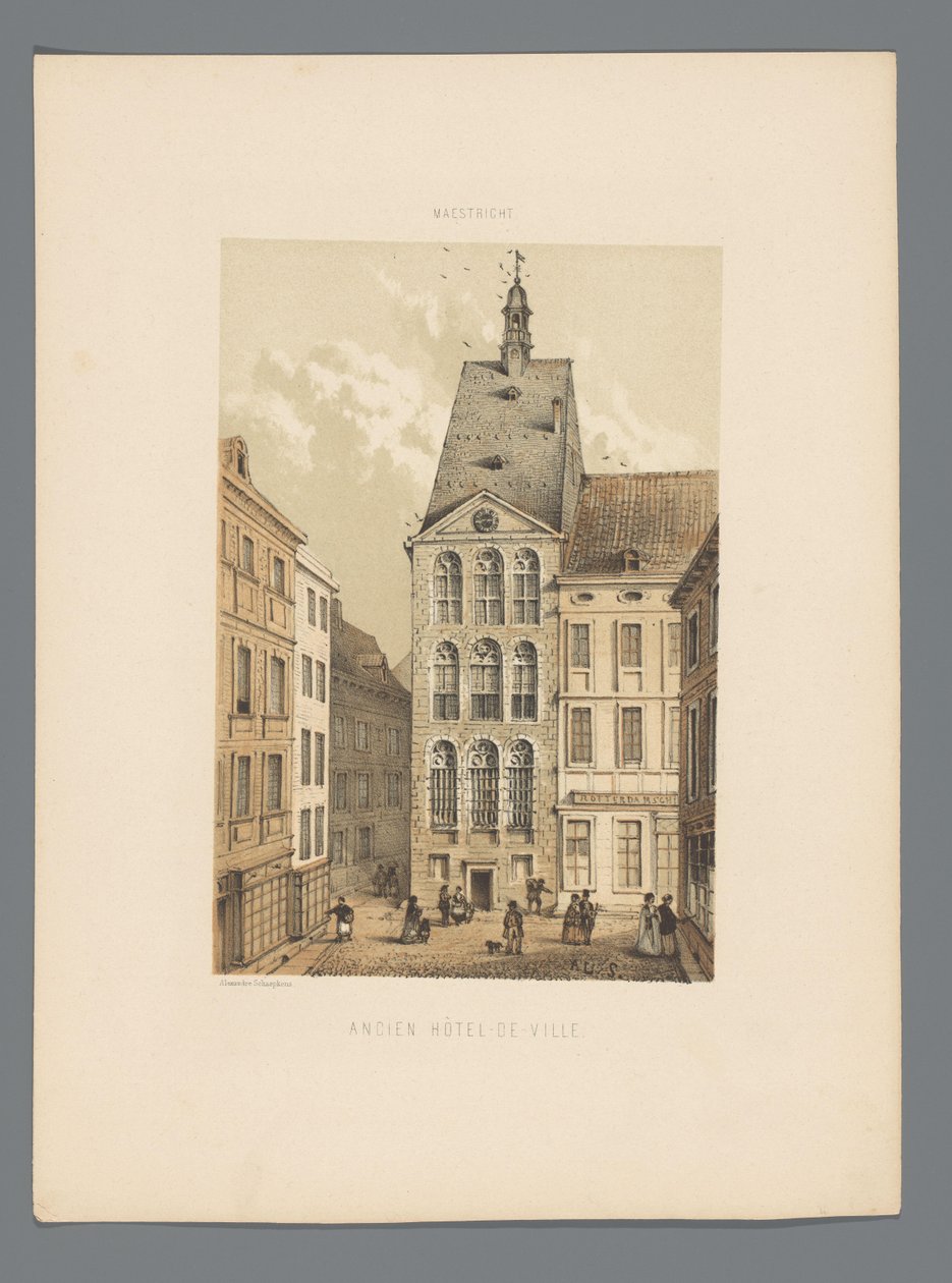 Régi városháza Maastrichtban Ancien Hôtel-de-ville (cím a tárgyon) Monuments de Maastricht (sorozat címe) alkotó: Alexander Schaepkens