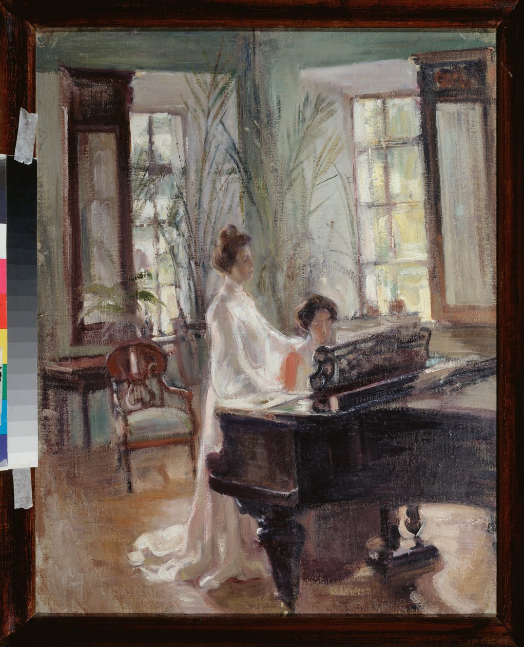 Dans le salon de reception (Egy fogadószobában) - Két nő zenél, énekelnek és zongoráznak - Alekszandr Valentinovics Sredin (Sredine) (1872-1934) munkája, olaj, karton - Orosz művészet 19. század vége – 20. század eleje, modernizmus - Regionális Ar alkotó: Alexander Sredin
