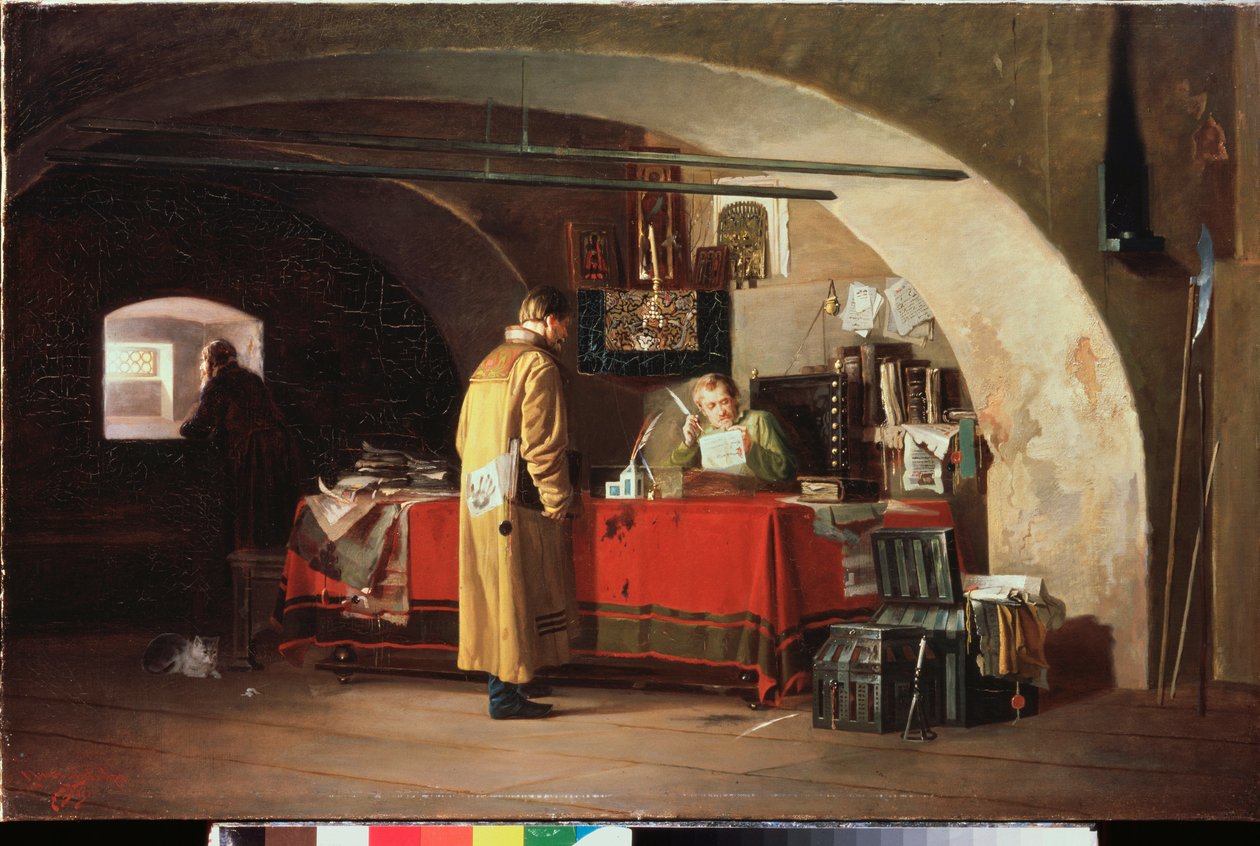 Közigazgatási hivatal a Moszkvai Hercegségben (Egy iroda Moszkvában) – Alekszandr Sztyepanovics Janov (1857-1918) festménye, olaj, vászon alkotó: Alexander Stepanovich Yanov