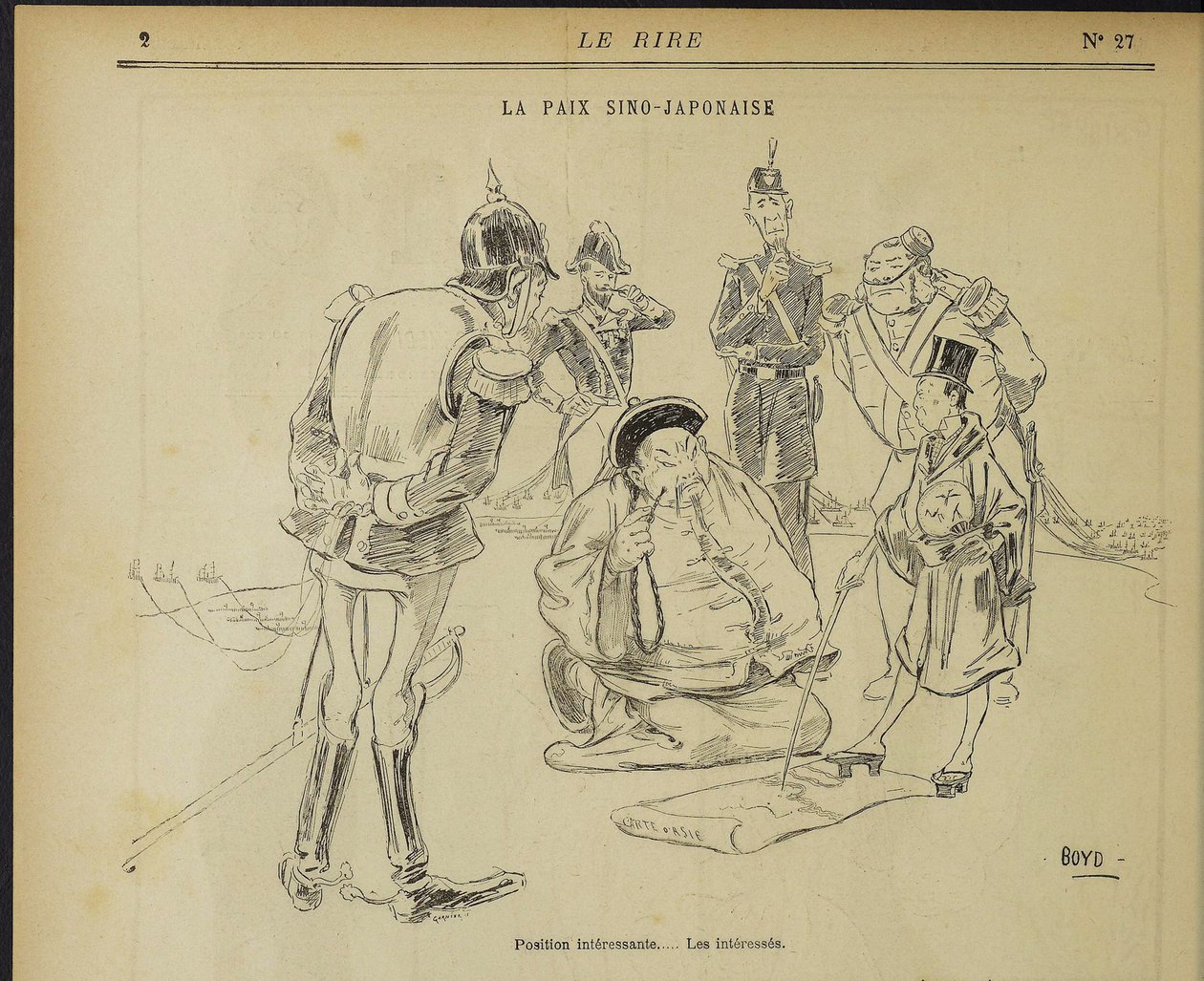 Kínai-japán béke, érdekes pozíció. Az érdeklődők. Feladó: Le Rire, 1895. május 11., 1895. alkotó: Alexander Stuart Boyd