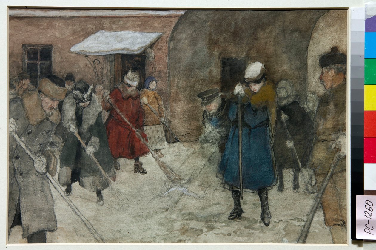 Télen az utcán havat seprő emberek - Alekszandr Ivanovics Vakhramejev (1874-1926) munkája, 1921 körül - Hóeltakarítás - Alekszandr Ivanovics Vakramejev (1874-1926) akvarell, fehér színű, fekete kréta papíron, kb 1921 - 21,4x29 0,5 cm - St alkotó: Alexander Vakhrameyev