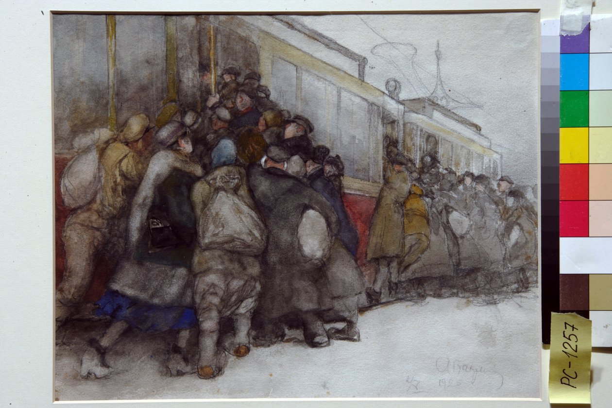 Az emberek megpróbálnak felszállni egy már megtelt villamosra - Alekszandr Ivanovics Vakhramejev (1874-1926) alkotása alkotó: Alexander Vakhrameyev