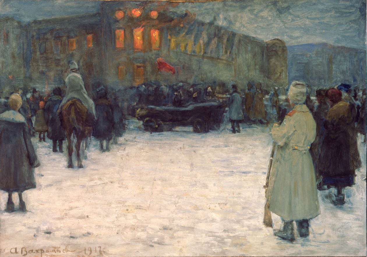Tűz a litván kastélyban, 1917. februári forradalom, Szentpétervár – Alekszandr Ivanovics Vakhramejev (1874-1926) munkája, gouache papíron alkotó: Alexander Vakhrameyev