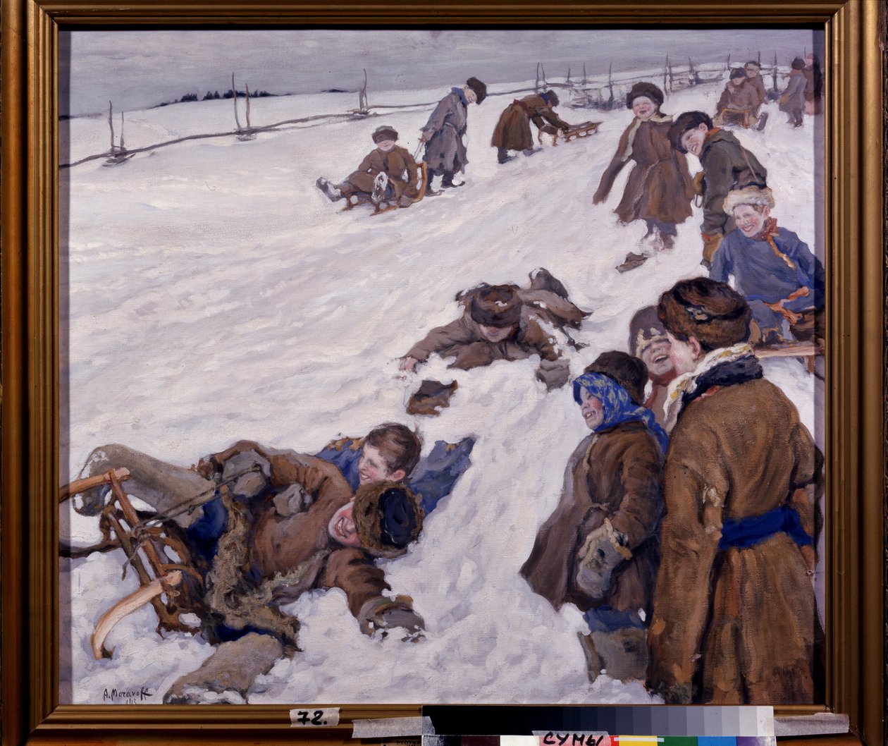 Téli sportok (Winter Sports). Szánkózás jelenet, havas mezőn, melegen öltözött gyerekek szórakoznak és hangosan nevetnek. Alekszandr Viktorovics (Alexander Victor) Moravov (1878-1951) festménye, olaj, vászon alkotó: Alexander Viktorovich Moravov