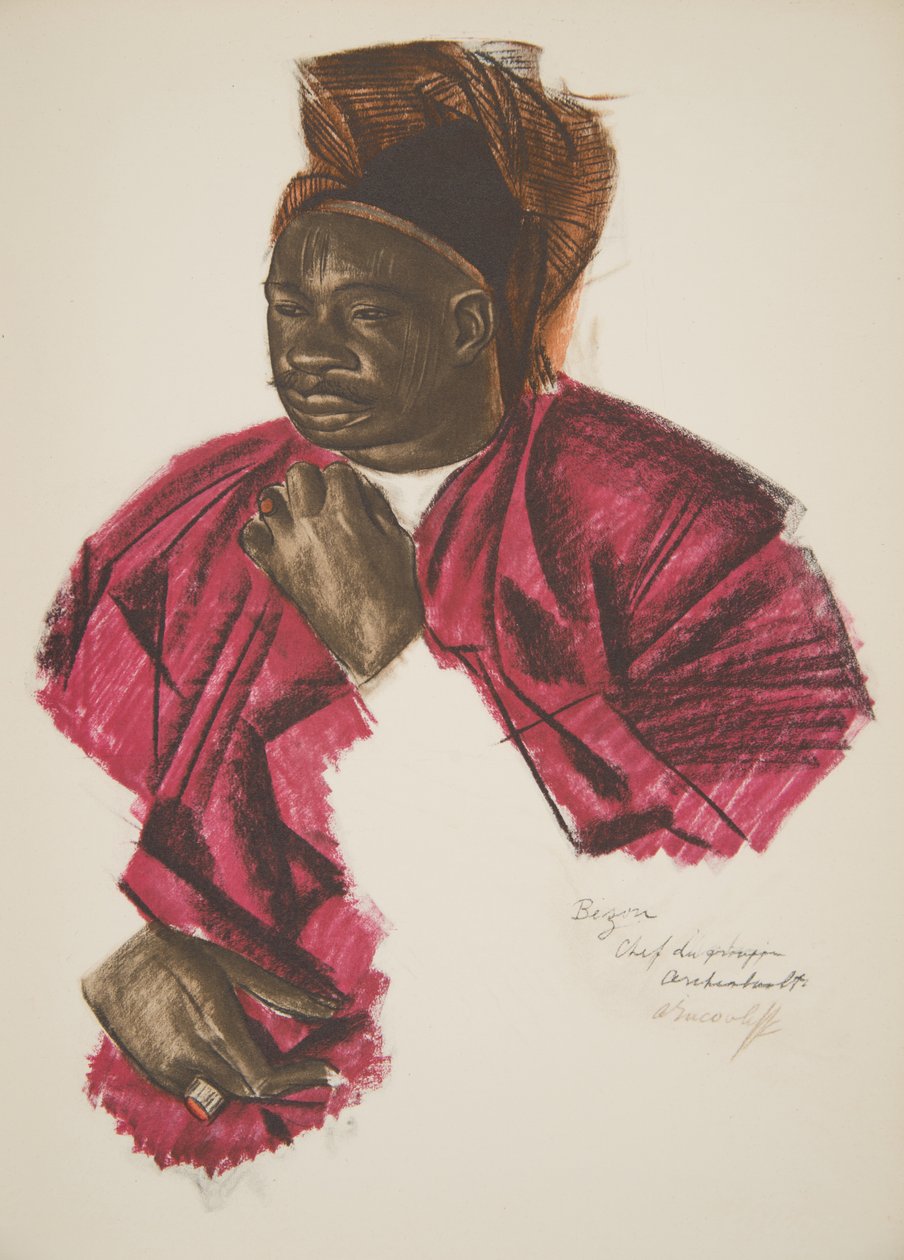 Bezou, csoportvezető (Fort Archambault), a Drawings and Paintings of Africa-ból, kivégezték a Citroen Center Africa expedíció során, a második Haardt Audouin-Dubreuil küldetésben, pub. Párizs, 1927 (col alkotó: Alexander Yakovlev