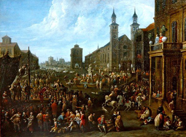 Piaci jelenet utcai előadóművészekkel és más figurákkal (olaj, vászon) alkotó: Alexander van Bredael