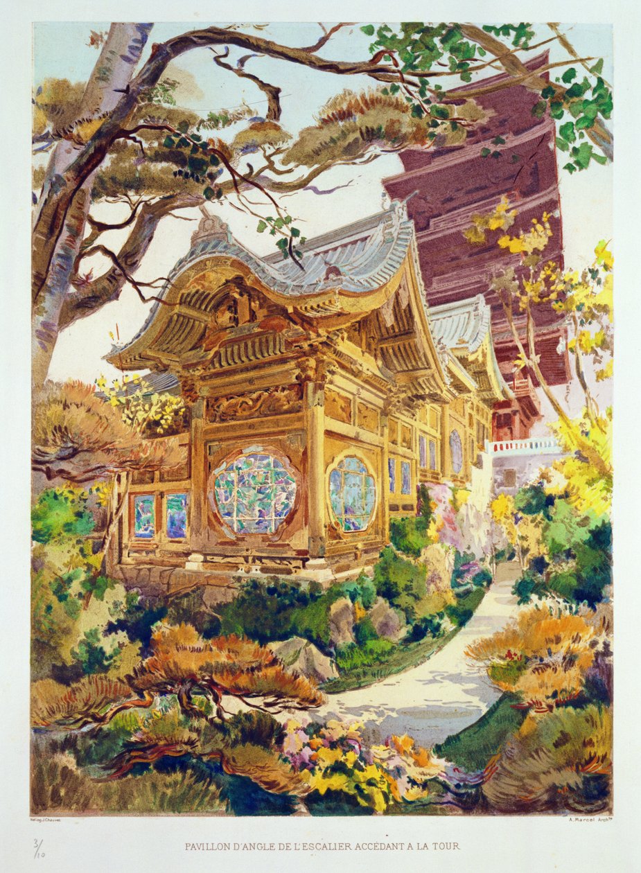 Japán torony és kínai pagoda a laekeni királyi parkban, Belgium, az "Orientalisme et Architecture Contemporaine" című műből, Jules Adolphe Chauvet (sz.1828) metszete (lásd még 171915, 1 alkotó: Alexandre Auguste Louis Marcel