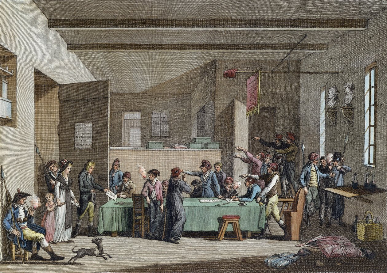 Egy forradalmi bizottság belseje 1792-93-ban (színes metszet) alkotó: Alexandre Evariste Fragonard