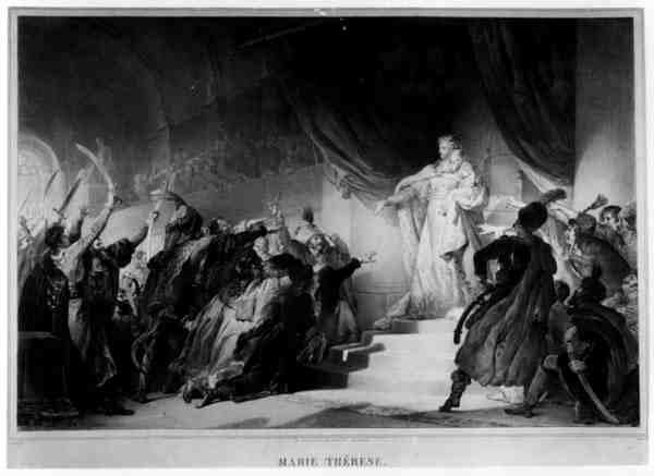 Mária Terézia (1717-80) Fiát bemutatja a magyaroknak, Theophile metszet, Lemercier nyomta alkotó: Alexandre Evariste after Fragonard