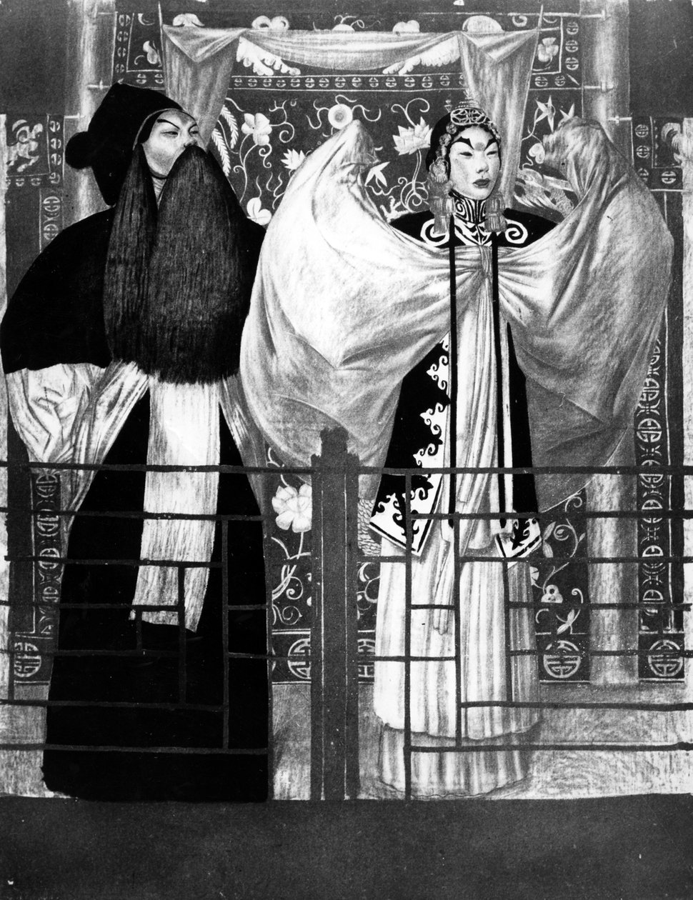 Jelenet a Nan tien men című darabból, illusztráció a Le Théatre Chinoisból, Tchou-Kia-Kientől, Párizsban 1922 litho alkotó: Alexandre Jacovleff