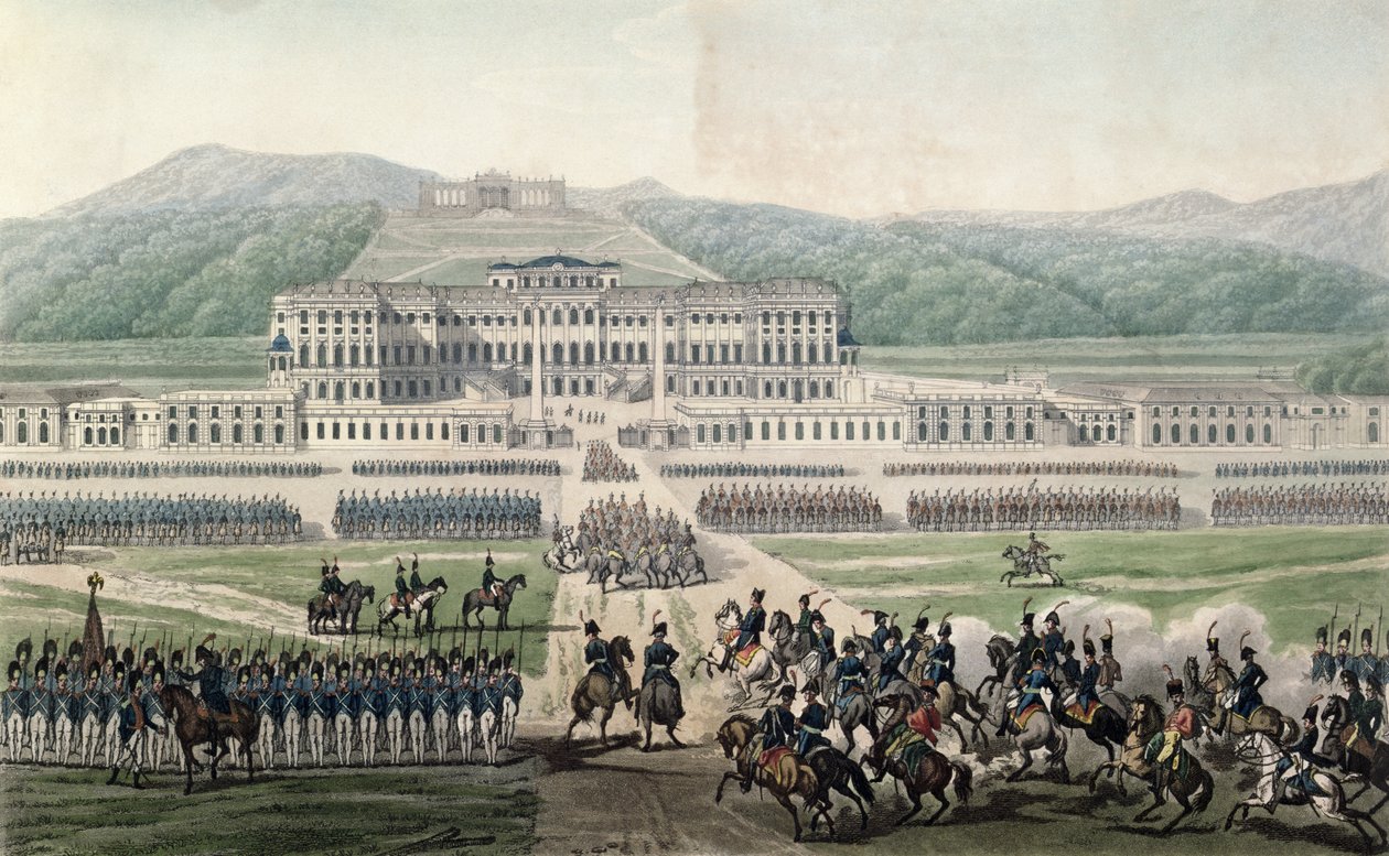 Bonaparte Napóleon (1769-1821) érkezése a Schloss Schonbrunnba, Aubertin metszete, 1820 körül alkotó: Alexandre de la Borde