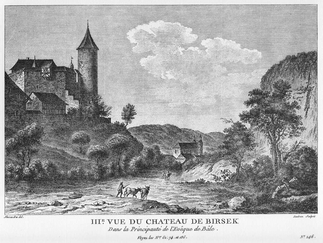 III. Kilátás a birsecki kastélyra a bázeli herceg-bihophopban. Jean Danbrun rézmetszete Alexandre rajza után alkotó: Alexandre, Jean Danbrun