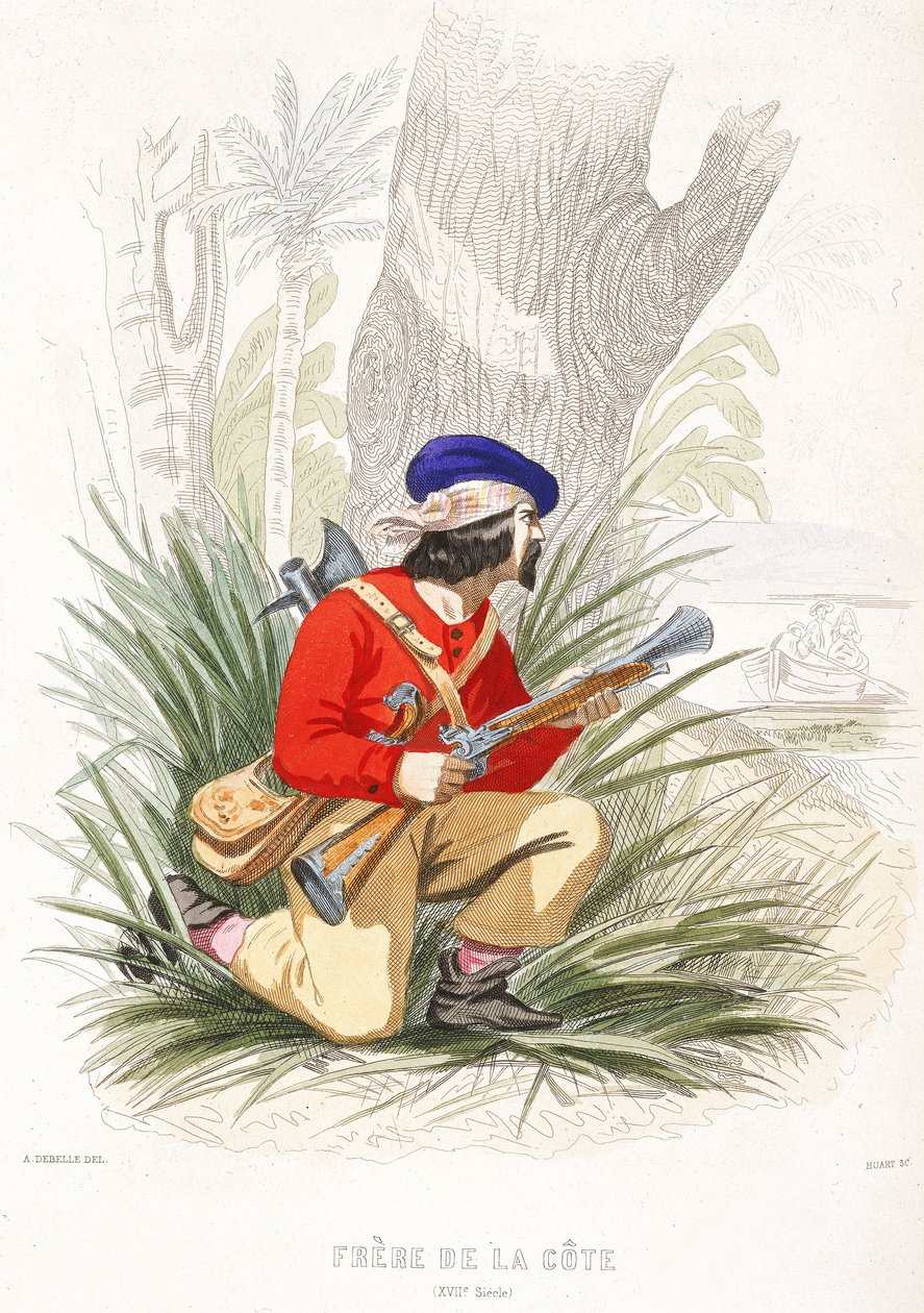 Egy kalóz felkészül a rajtaütésre, 19. század közepe (színes metszet) alkotó: Alexandre (after) Debelle