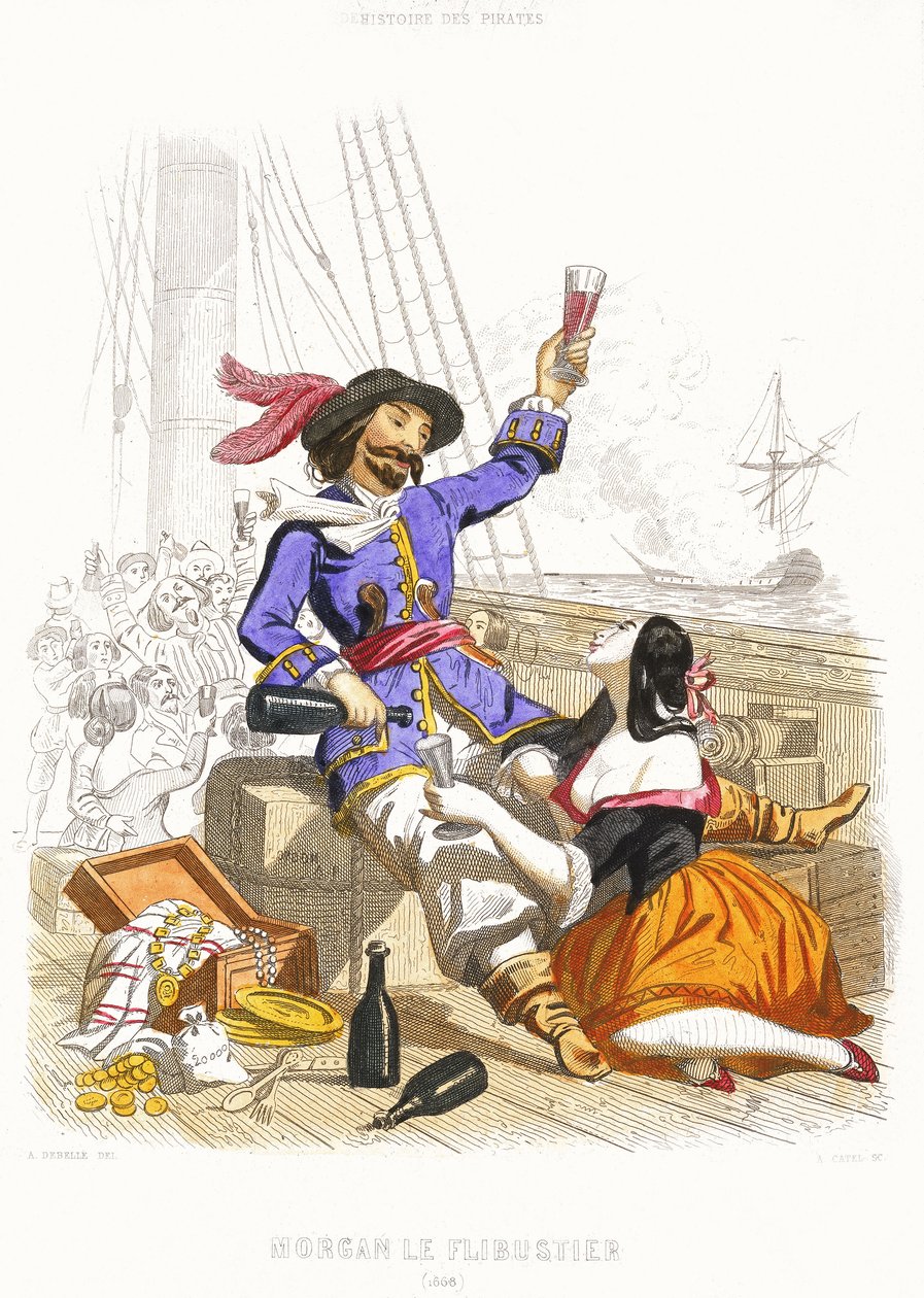 Henry Morgan kapitány borral és nőkkel szórakozik, igazi kalóz módra, 19. század közepe (színes metszet) alkotó: Alexandre (after) Debelle