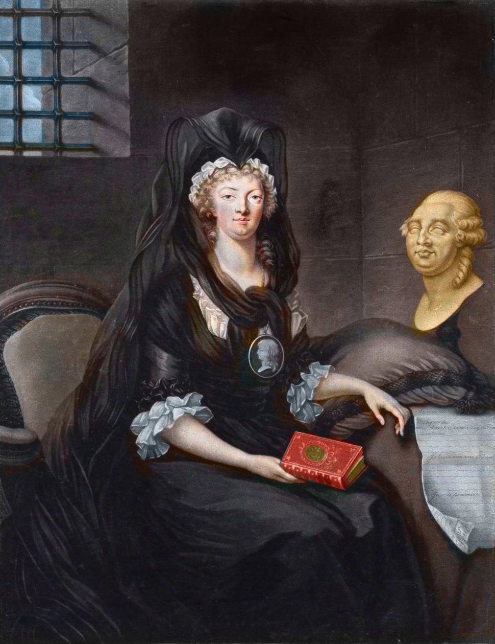 Marie Antoinette (1755-1793) portréja mély gyászban a templom börtönében (vagy "" Marie-Antoinette a Concierge-nél, gyászban, egy cameóval, medállal, amely a Dauphint ábrázolja, Mária, skót királynő életét őrzi , XVI. Luis mellszobra és a Te alkotó: Alexandre (after) Kucharski
