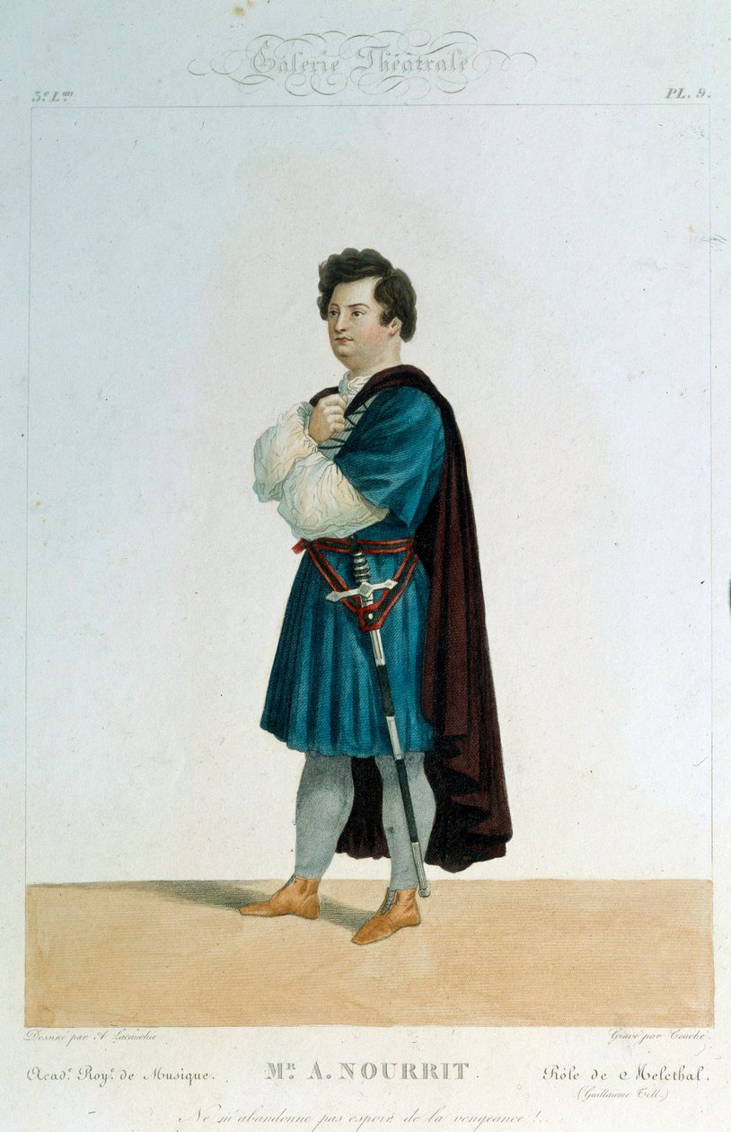 Adolphe Nourrit francia tenor (1802-1839) Melechtal szerepében Gioacchino Rossini (1792-1868) „Guillaume Tell” (William Tell) című operájában. Illusztráció: Alexandre Lacauchie (XIX. század) Párizs. Az Operamúzeum könyvtára alkotó: Alexandre (after) Lacauchie