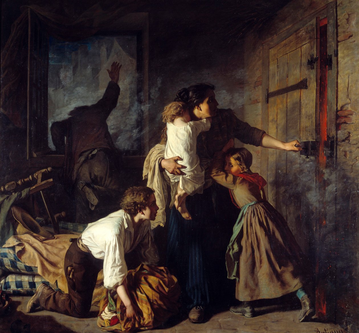 Tűzjelenet. Egy lakásukban ragadt család próbál kimenekülni az épület tüzéből. A családapa az ablakból kiált segítséget. Alexander Antigna (1817-1878) festménye alkotó: Alexandre Antigna
