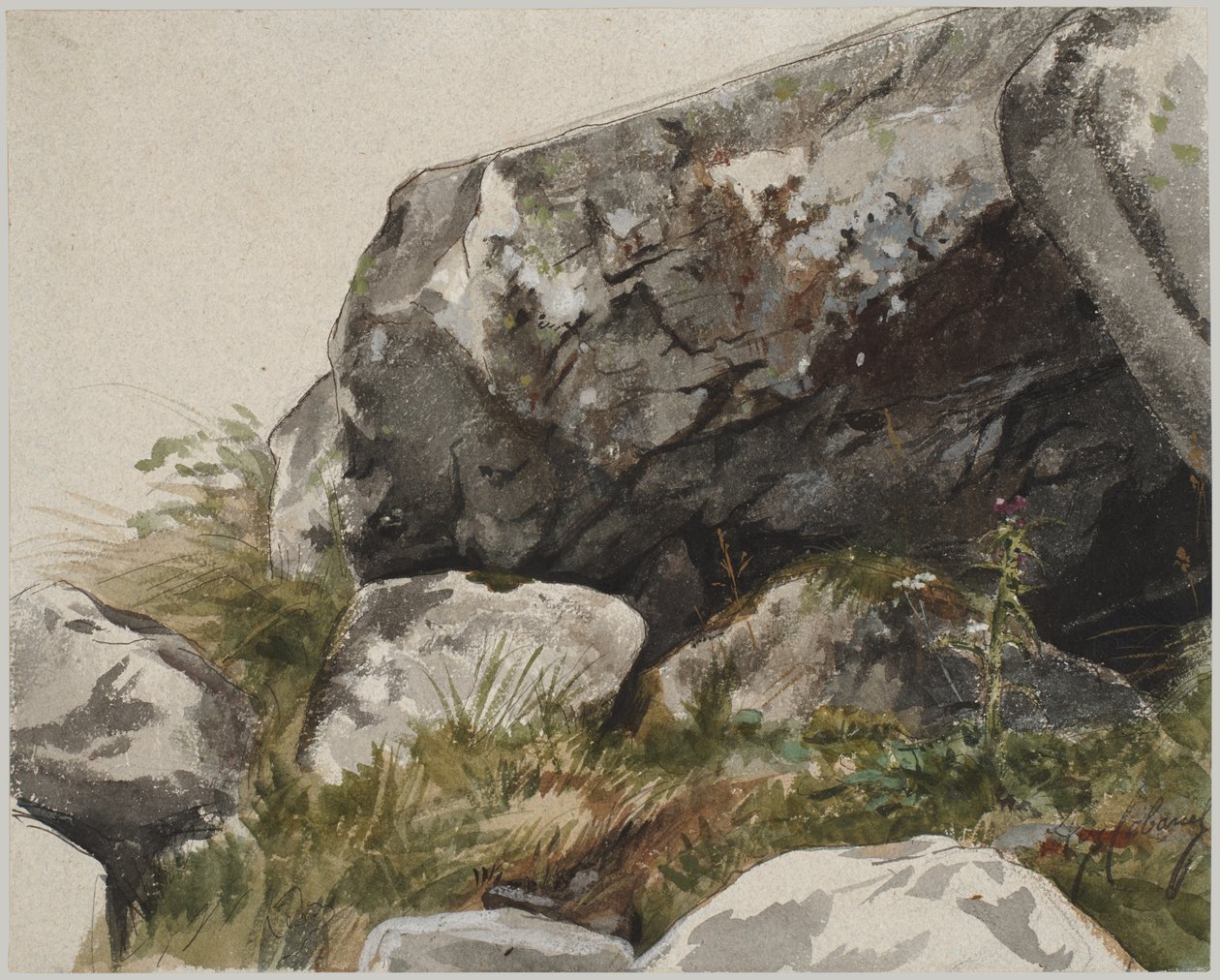 Sziklás táj (akvarell tussal és szénnel) alkotó: Alexandre Cabanel