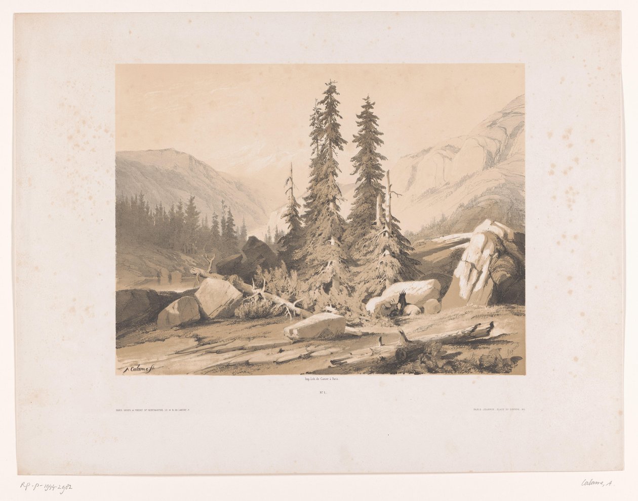 Hegyi táj lucfenyőkkel és hegyi kecskékkel Sapins (cím az objektumon) alkotó: Alexandre Calame