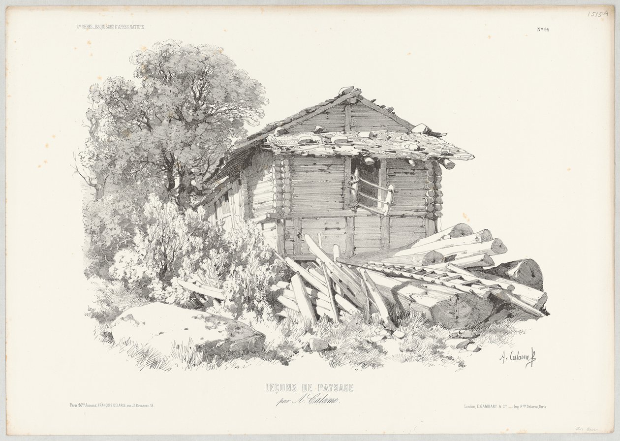 Faház fekvő fatörzsekkel az előtérben alkotó: Alexandre Calame