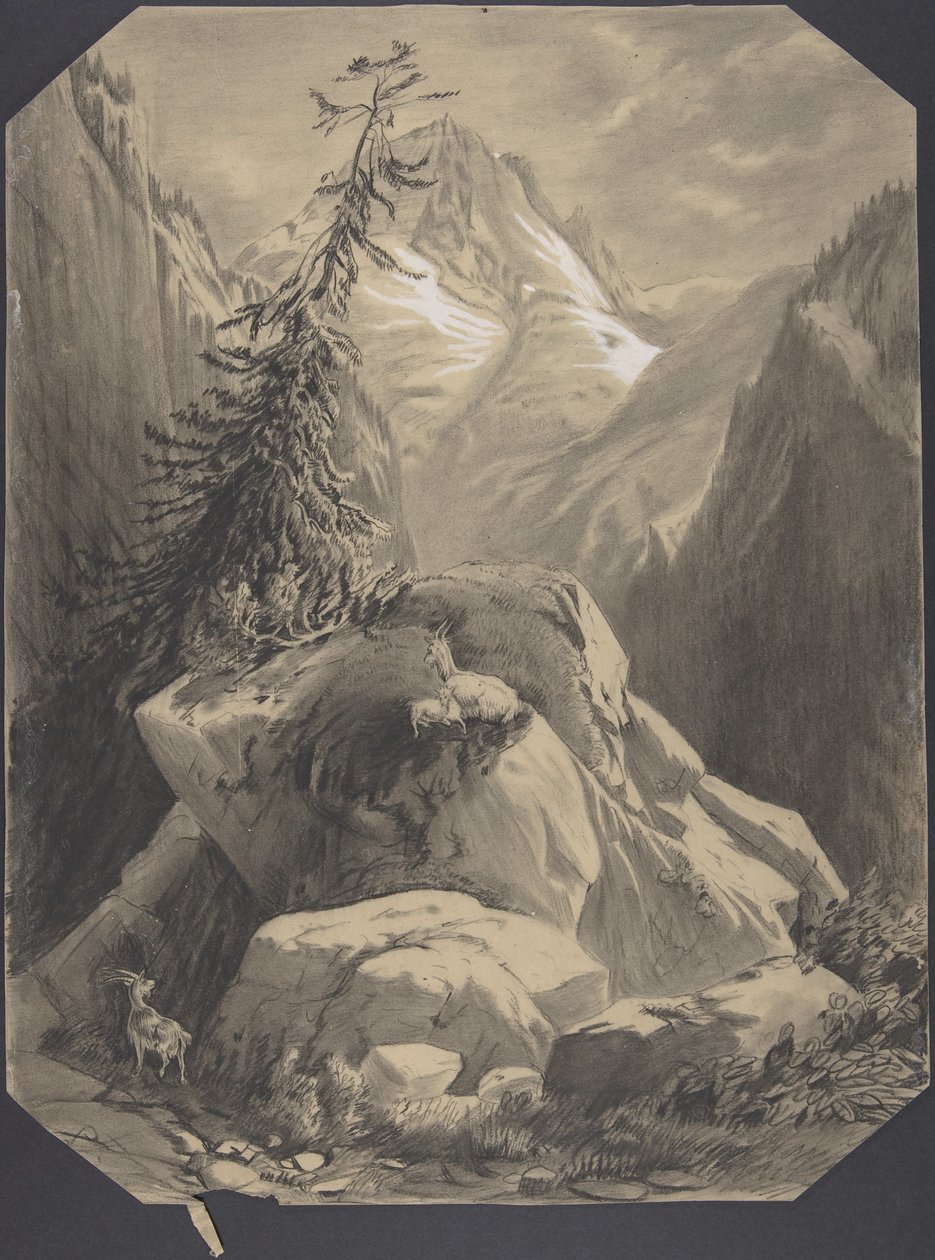 Három kecske hegyvidéki tájban alkotó: Alexandre Calame