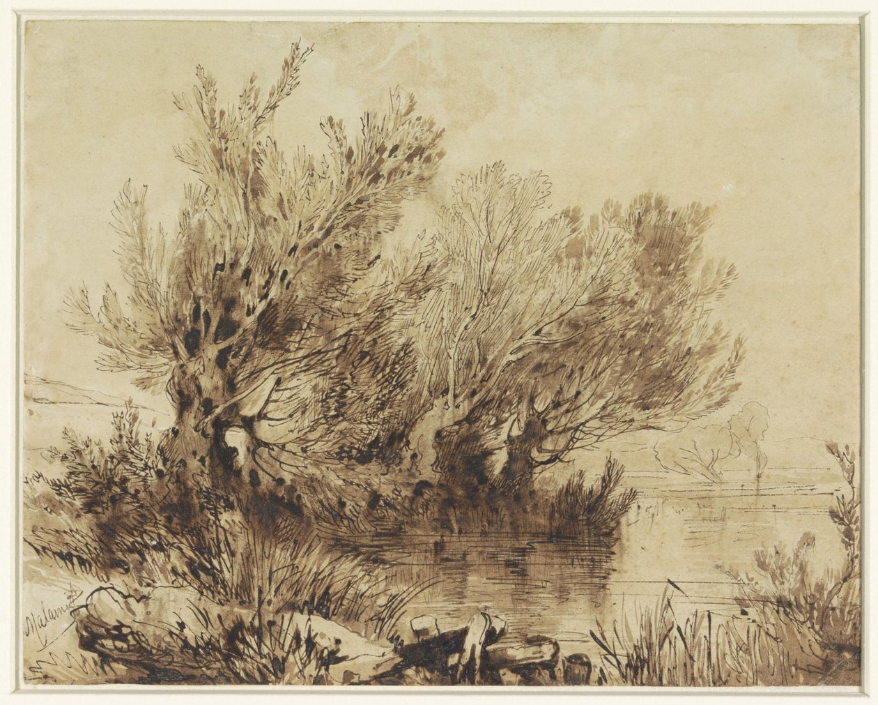 Fűzfák egy tavon, enyhén lejtős terepen alkotó: Alexandre Calame