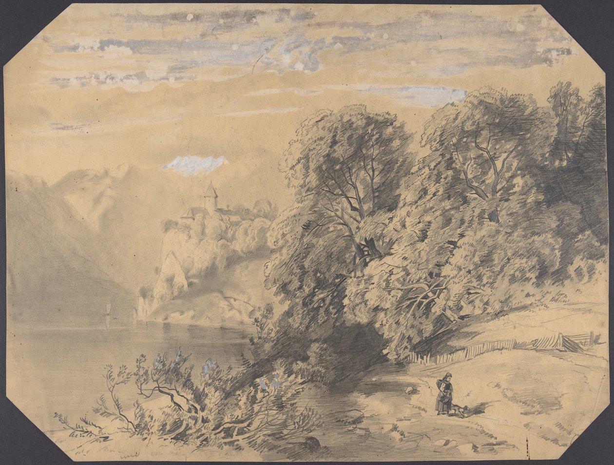 Egy kutyával sétáló nő egy hegyi tó partján alkotó: Alexandre Calame