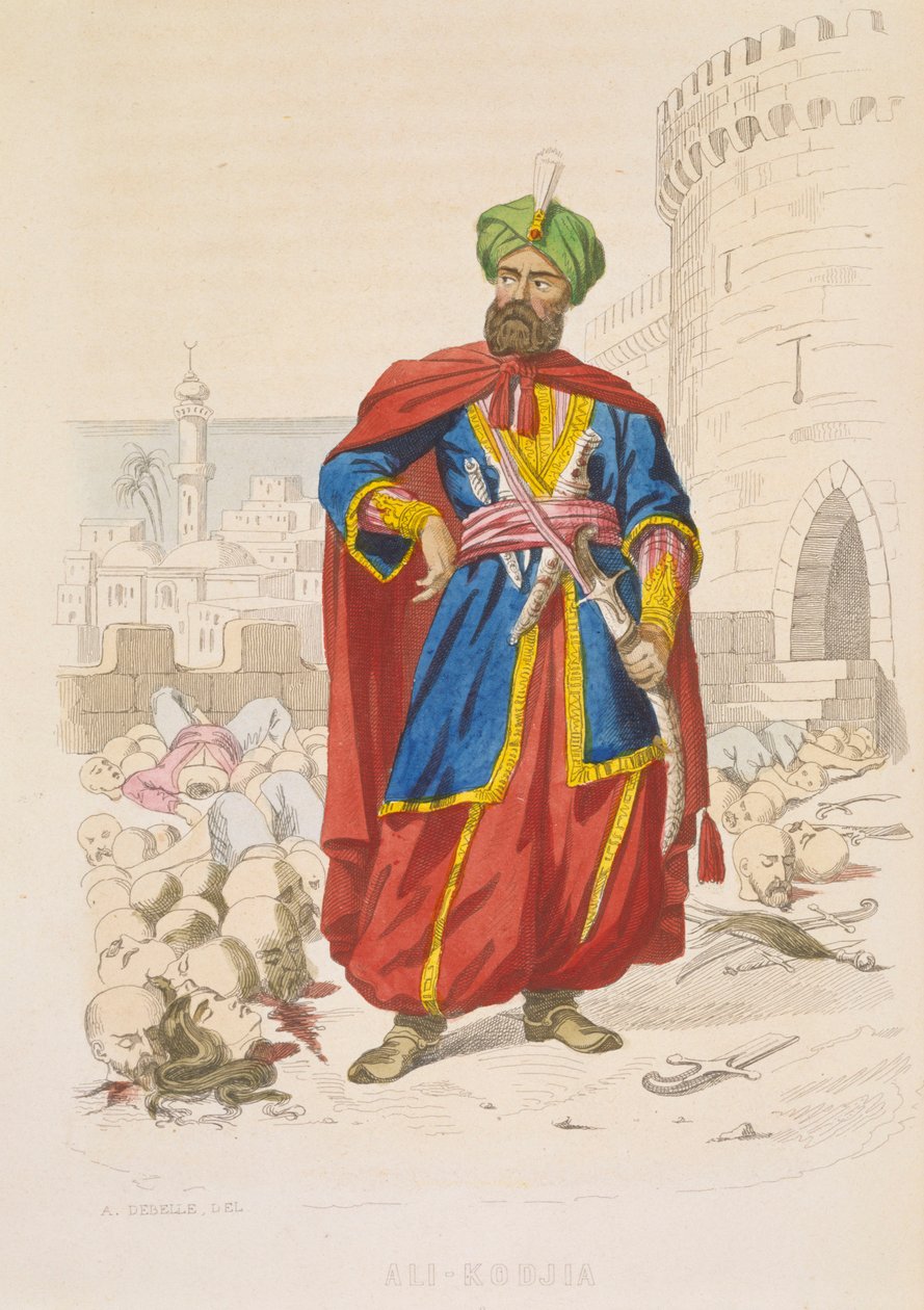 Ali Khoja, Algír uralkodója 1816-1818, zöld turbánban és finom karddal, körülötte a legyőzött ellenség levágott fejei az 1816-os bombázás után, 19. század közepe (színes metszet). alkotó: Alexandre Debelle