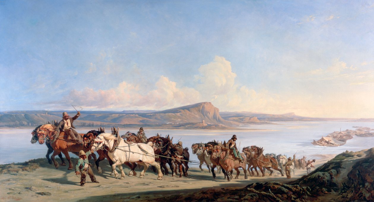Hajókat húzó lovak rögzítése a Rhone-on, c1825-1870 alkotó: Alexandre Dubuisson