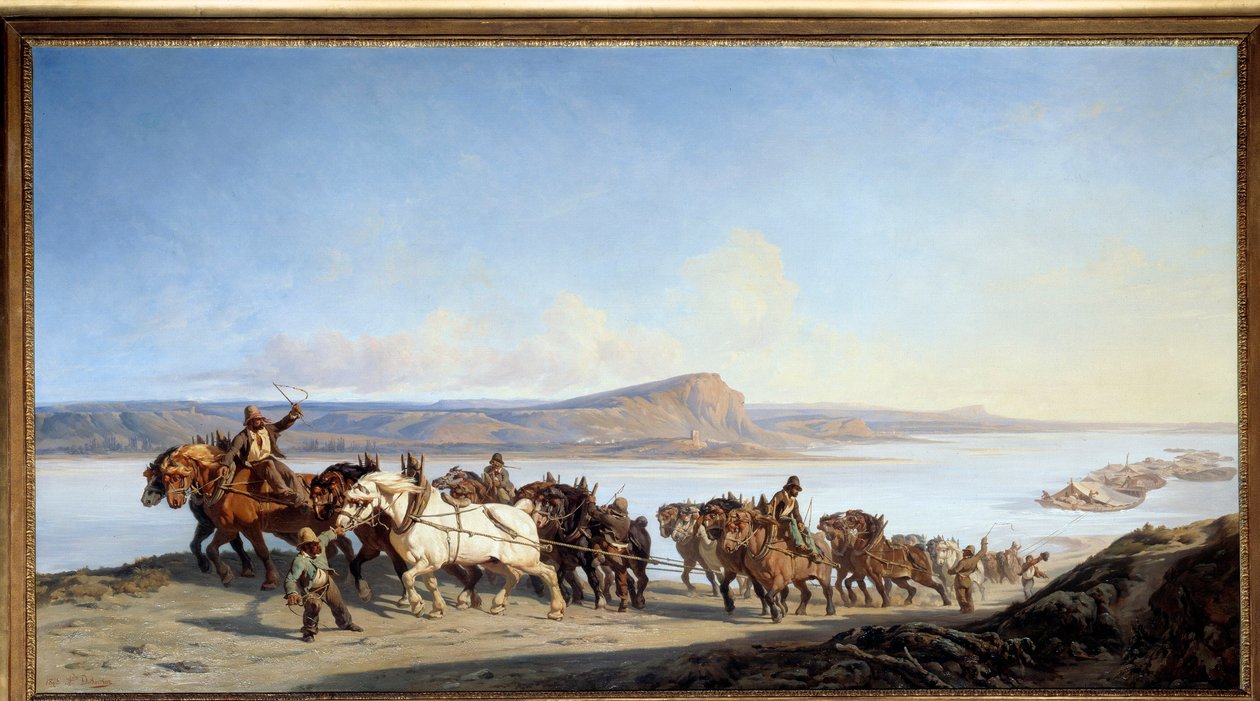 A Rhone-on hajófelvonókat kiszolgáló lovak vontatása” Alexandre Dubuisson (1805-1870) festménye 1843 Lyon, Musee des Beaux Arts alkotó: Alexandre Dubuisson