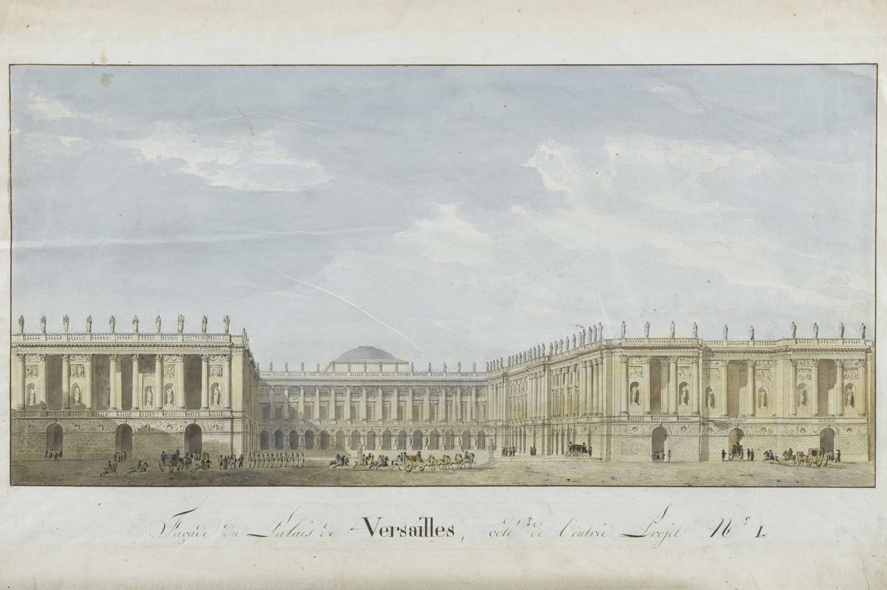 A Versailles-i palota homlokzati terve a bejárati oldalon, 1811-1813. alkotó: Alexandre Dufour